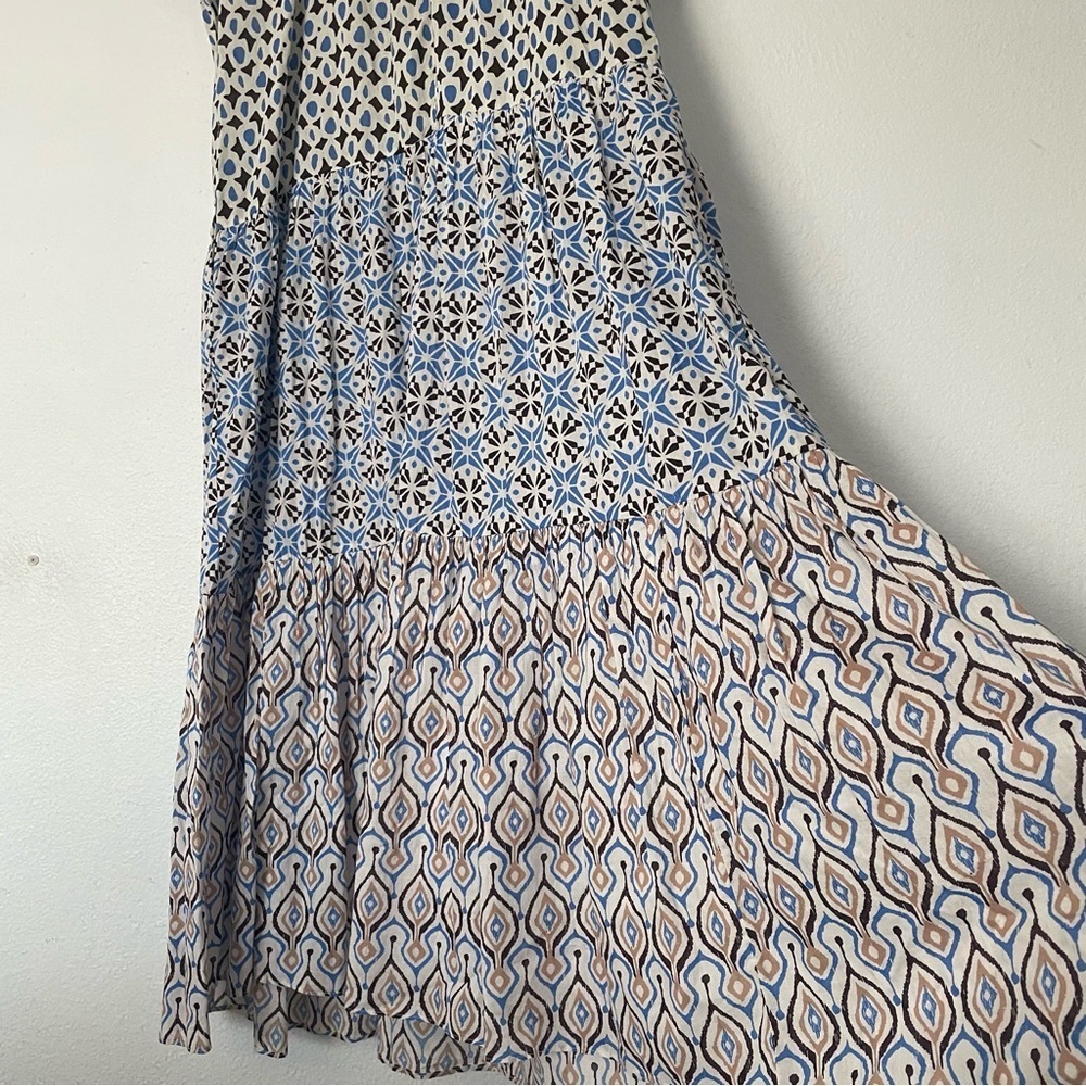 ZARA Dress Womens XL Brown Blue Patchwork Tiered Long Flowy Bohemian Cotton NWT - Picture 7 of 13
